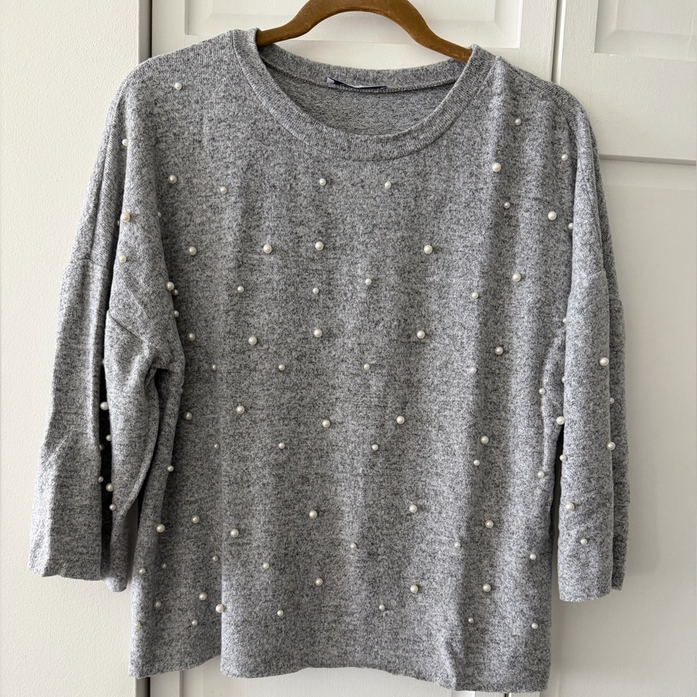 Zara Pearl Embellished Grey Sweater Size S Oversized Soft Knit Top